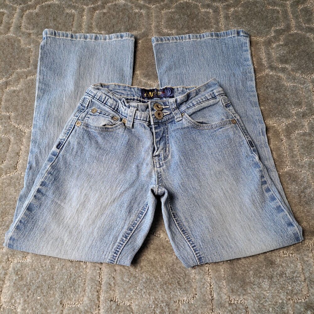 ANGELS EMBROIDERED BOOTCUT JEANS GIRLS SIZE 8 BLING BACK POCKETS MED/LIGHT WASH